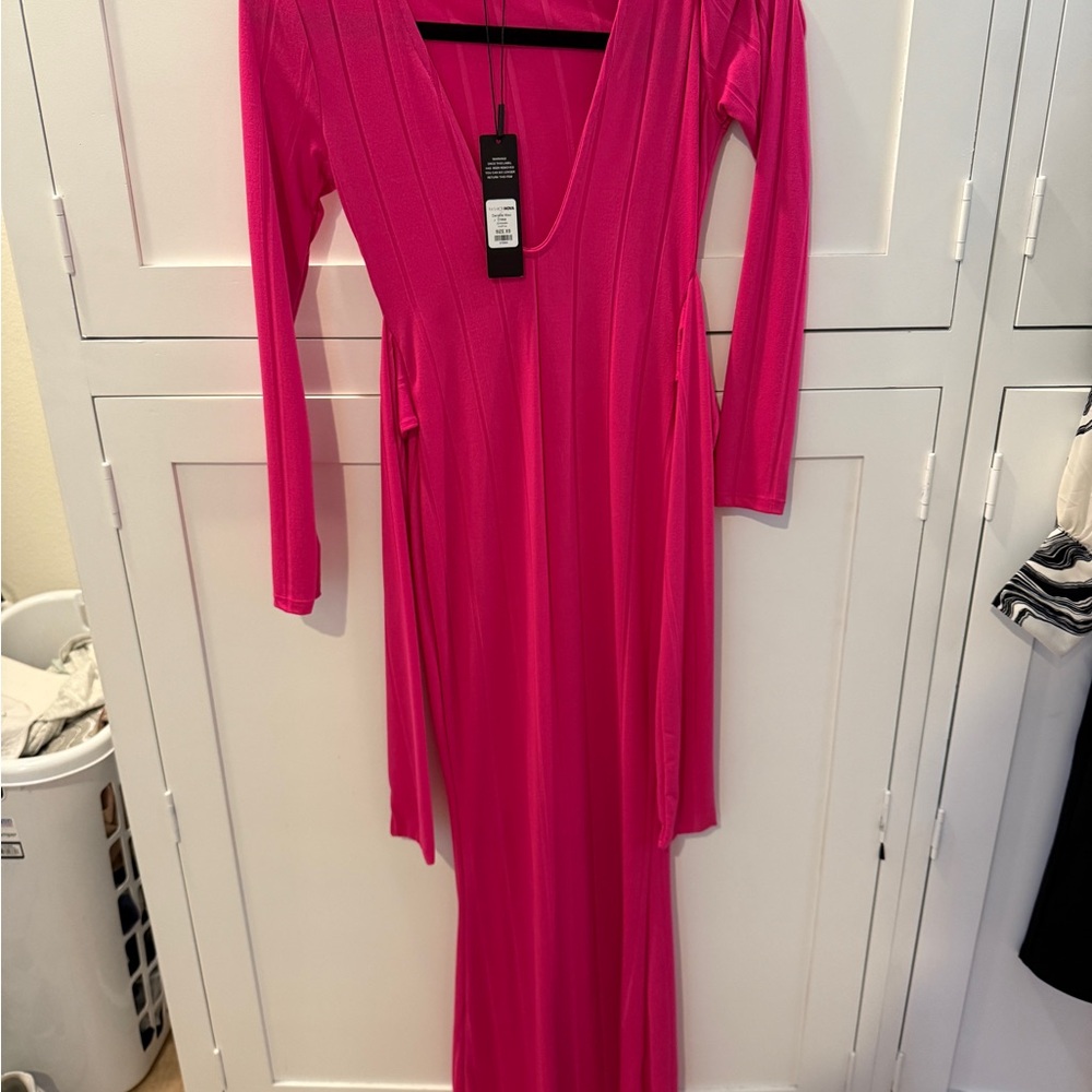 Fashion Nova Pink Plunge Long Sleeve Gown